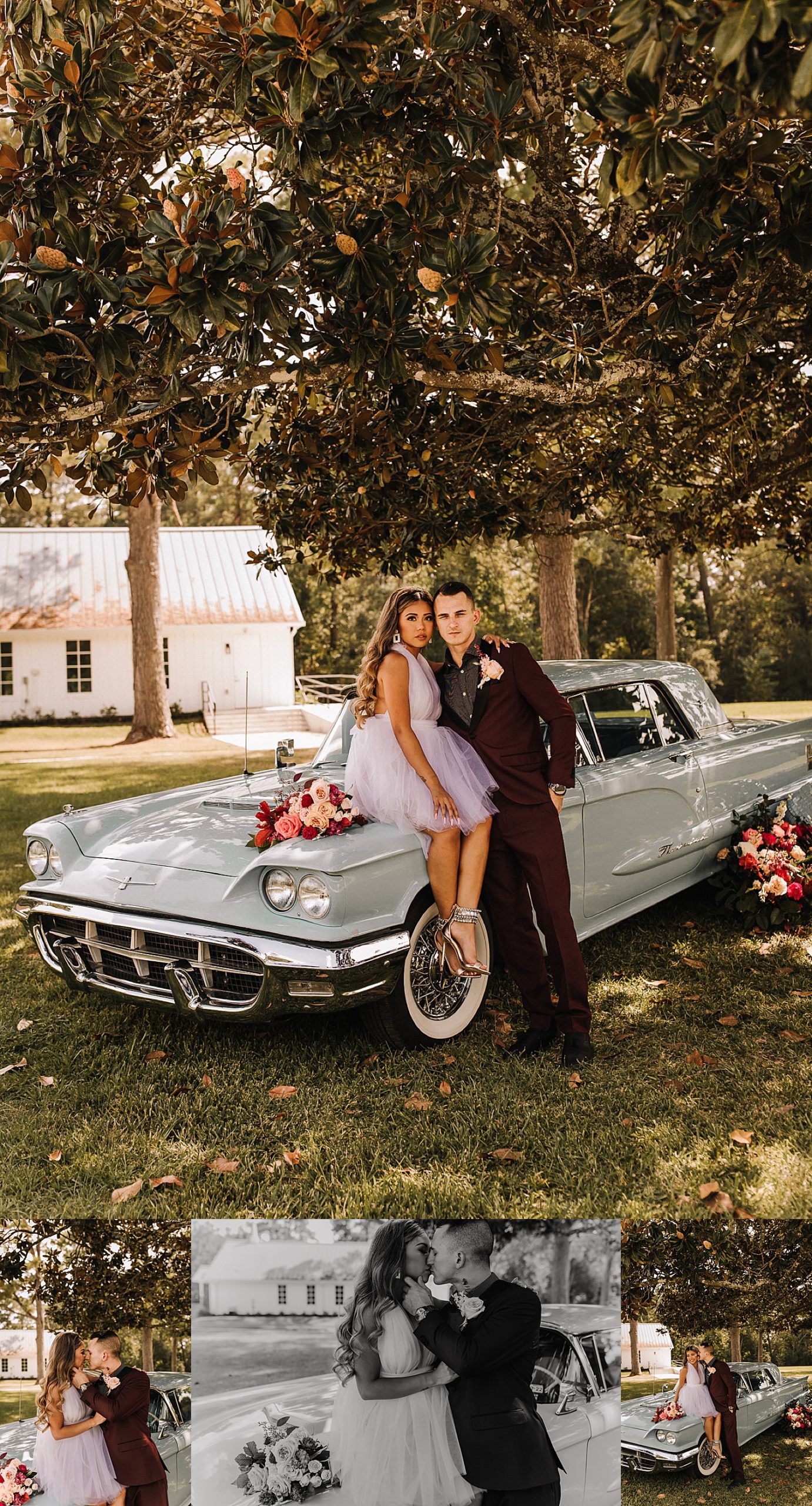 houston styled shoot with couple wearing wedding dress and suit sitting on blue old vintage car 