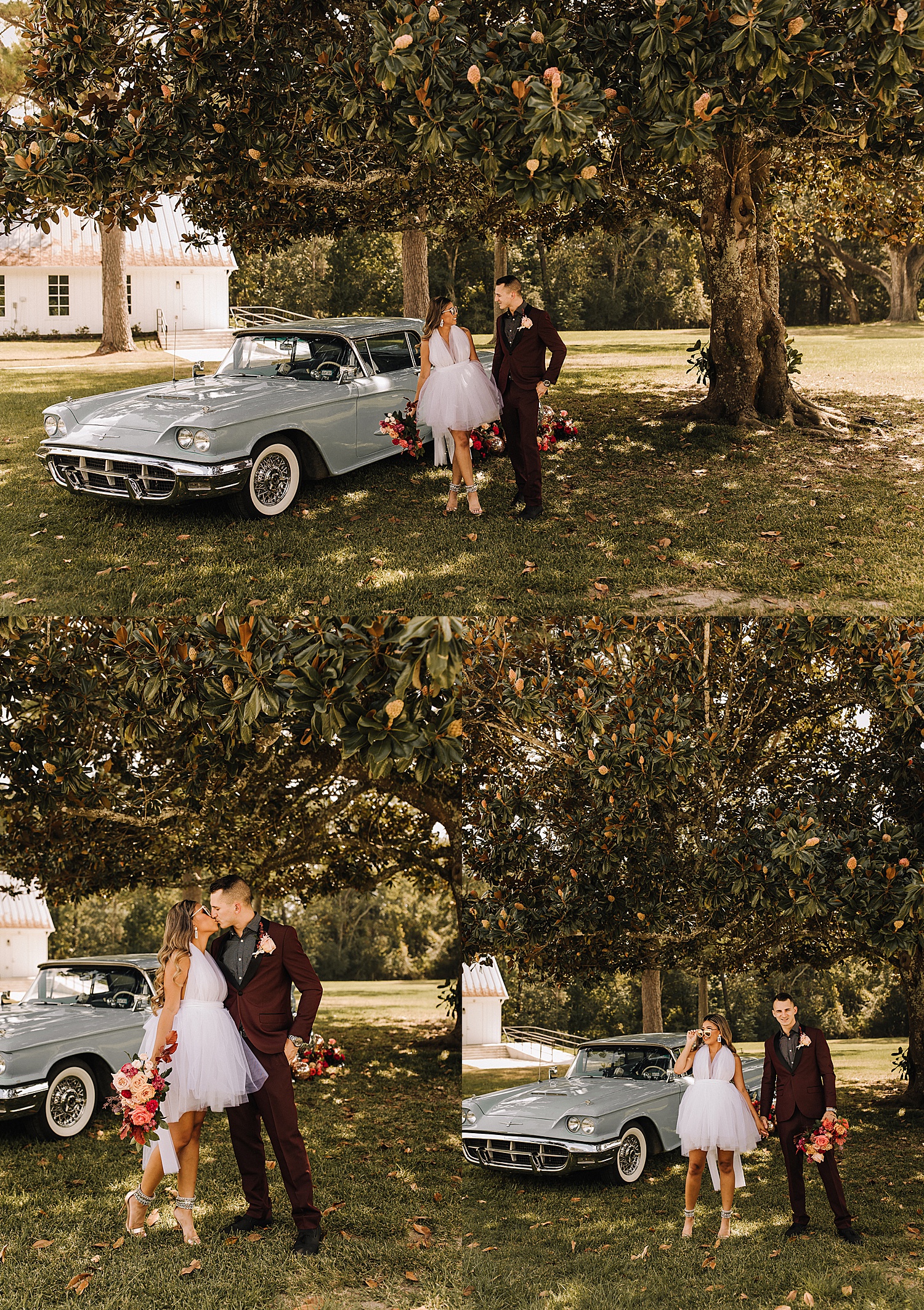old vintage car at wedding venue with engaged couple holding wedding bouquet during Houston styled shoot 