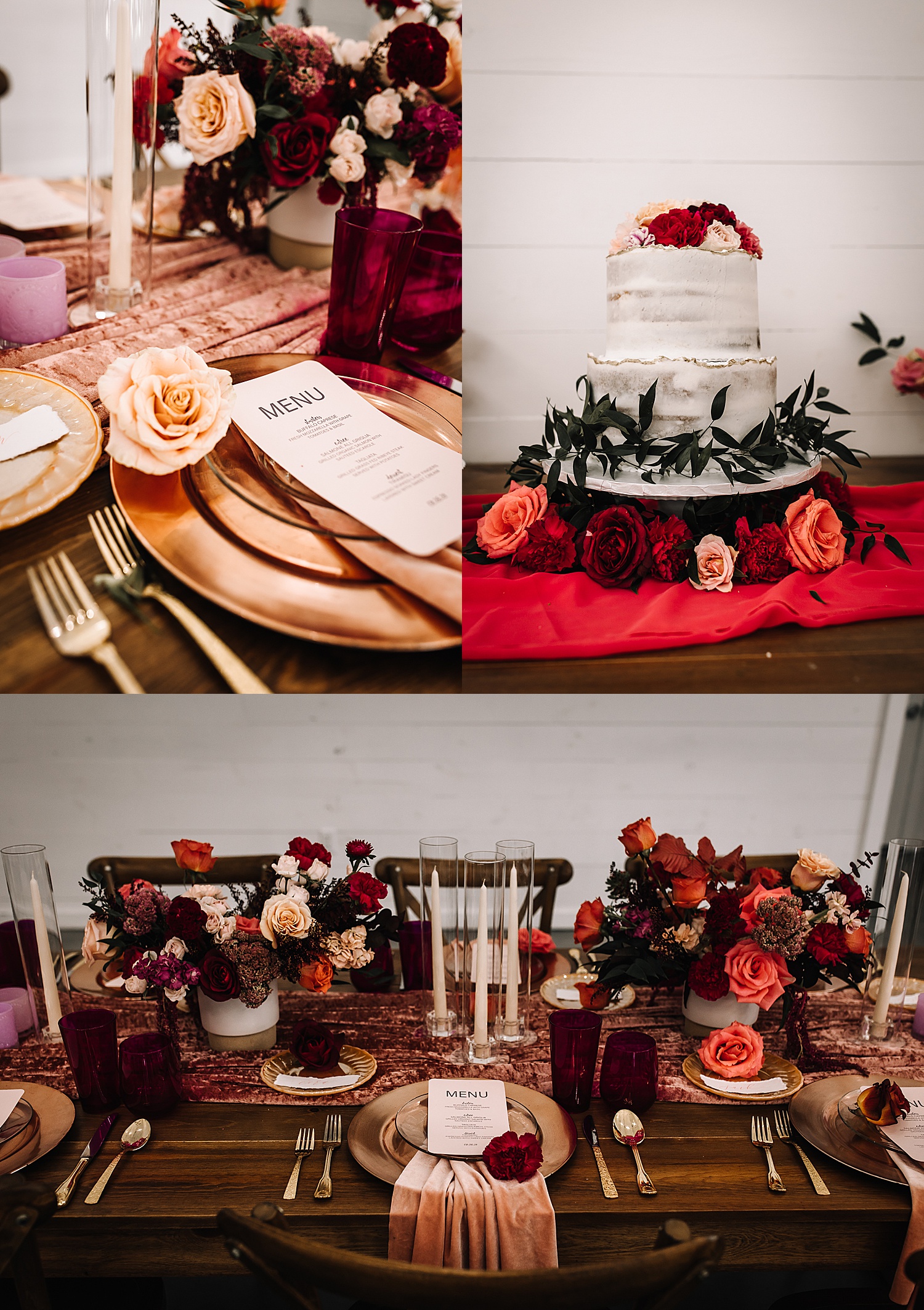 wedding cake with florals and food venue at wedding venue for Houston styled shoot 