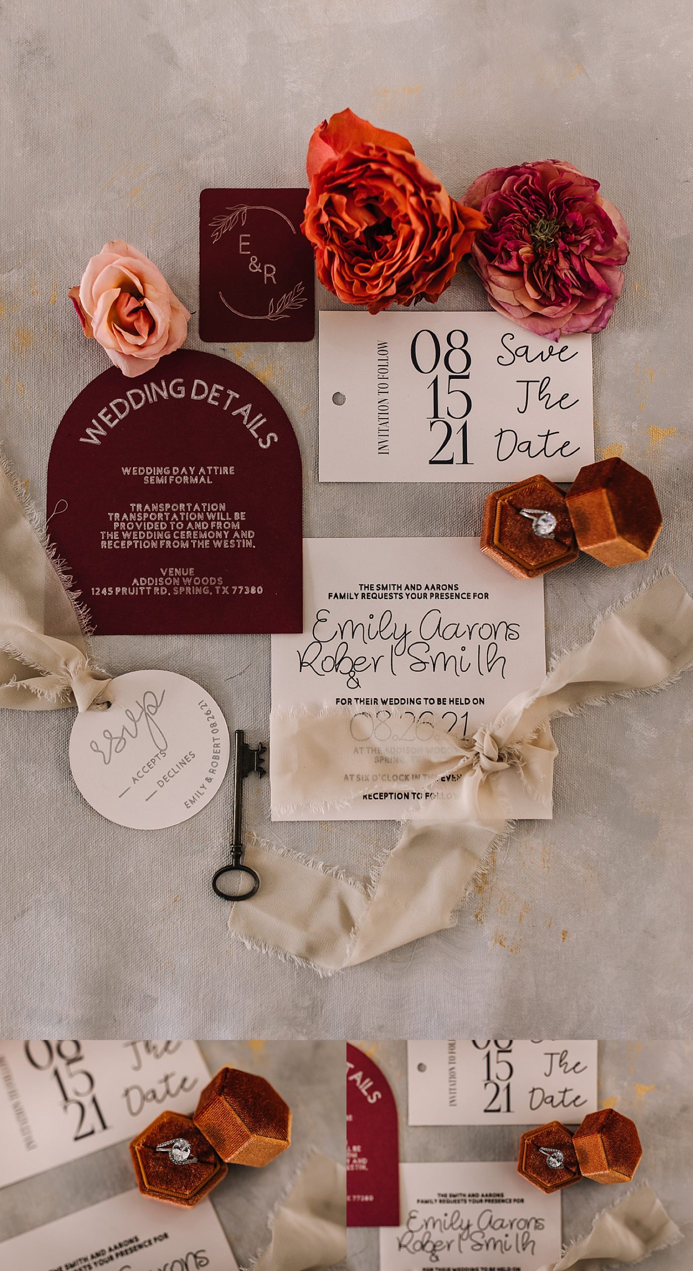 save the date stationary with warm tones for details at Houston styled shoot 