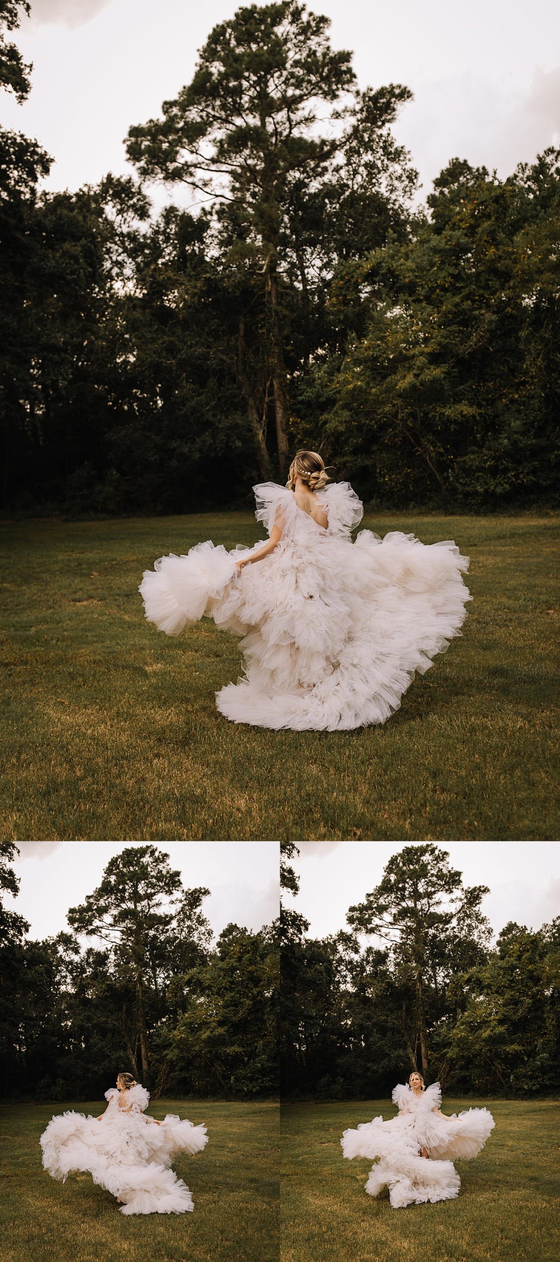 running with big mesh wedding dress at wedding venue for Houston styled shoot 