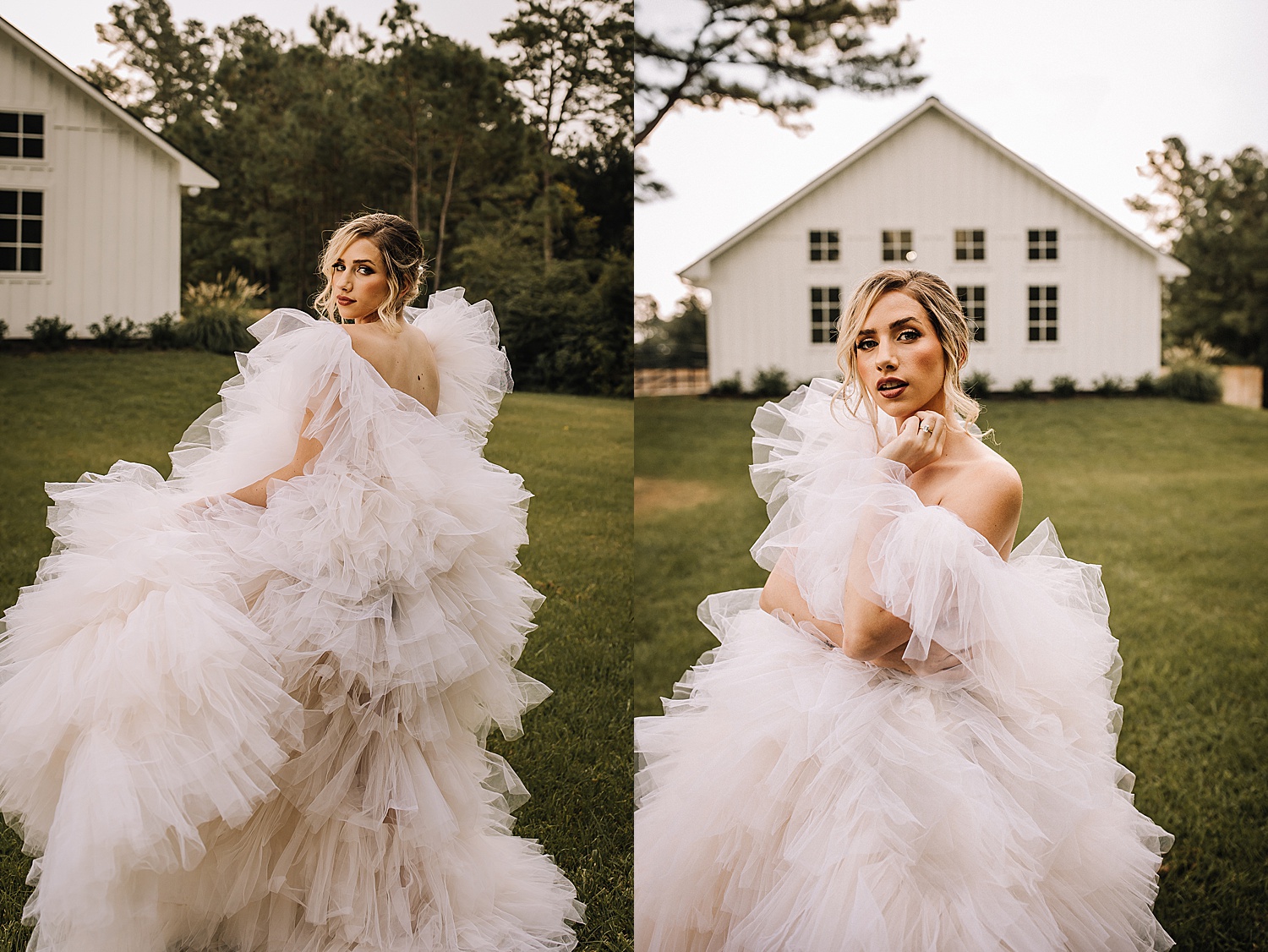 sunset portraits with mesh wedding dress outside of wedding venue for Houston styled shoot 