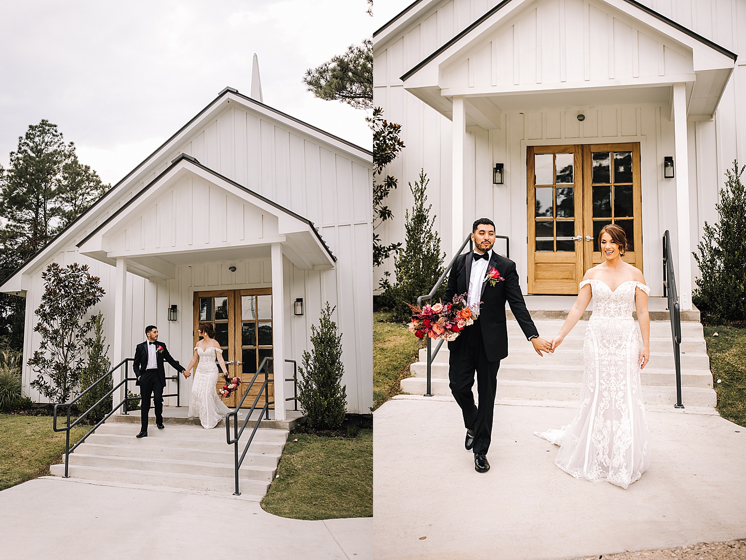 couple holding hands after wedding ceremony outside of wedding venue at Houston styled shoot 