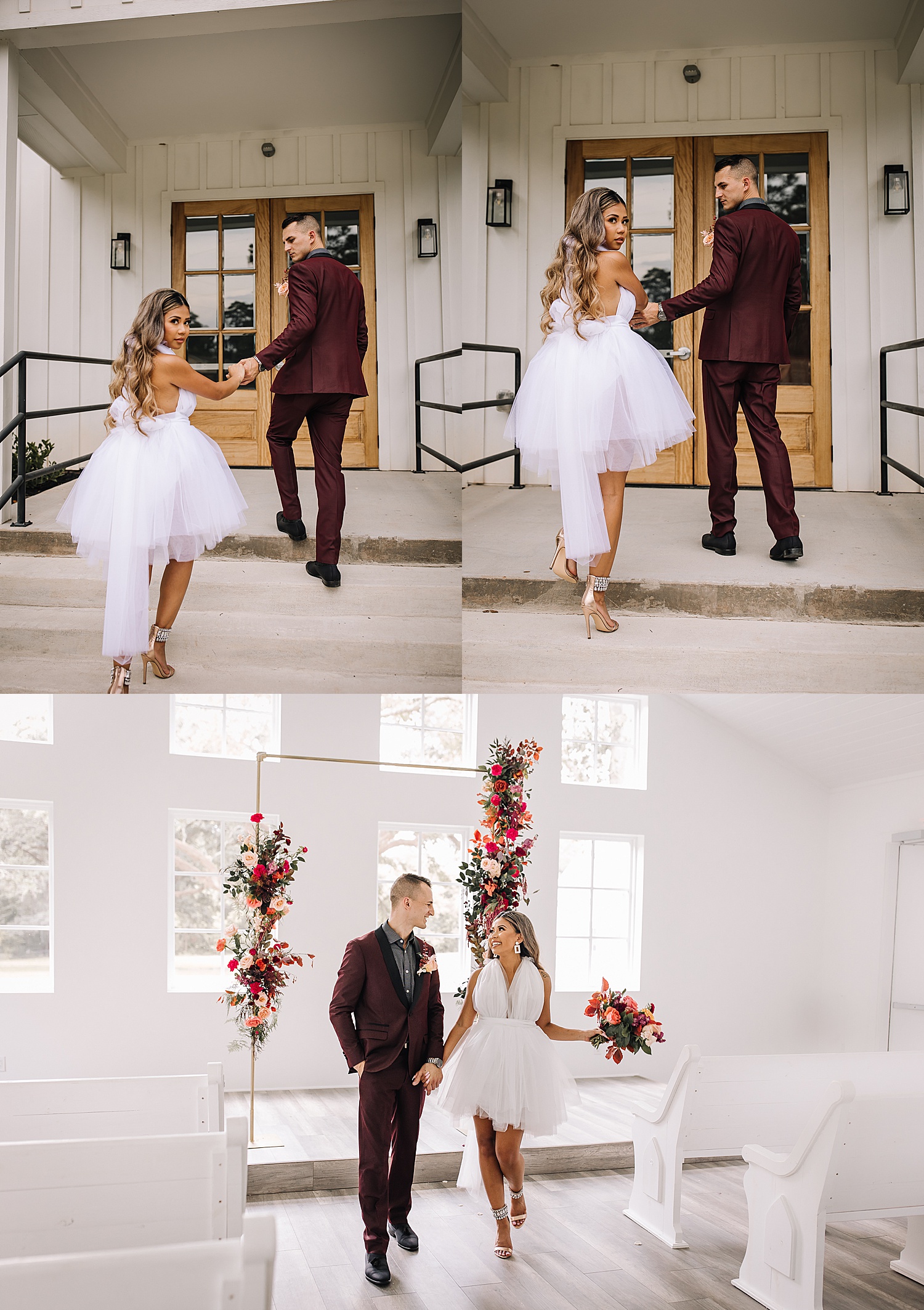 walking up the aisle at Houston styled shoot holding wedding bouquet wearing a short white wedding dress 