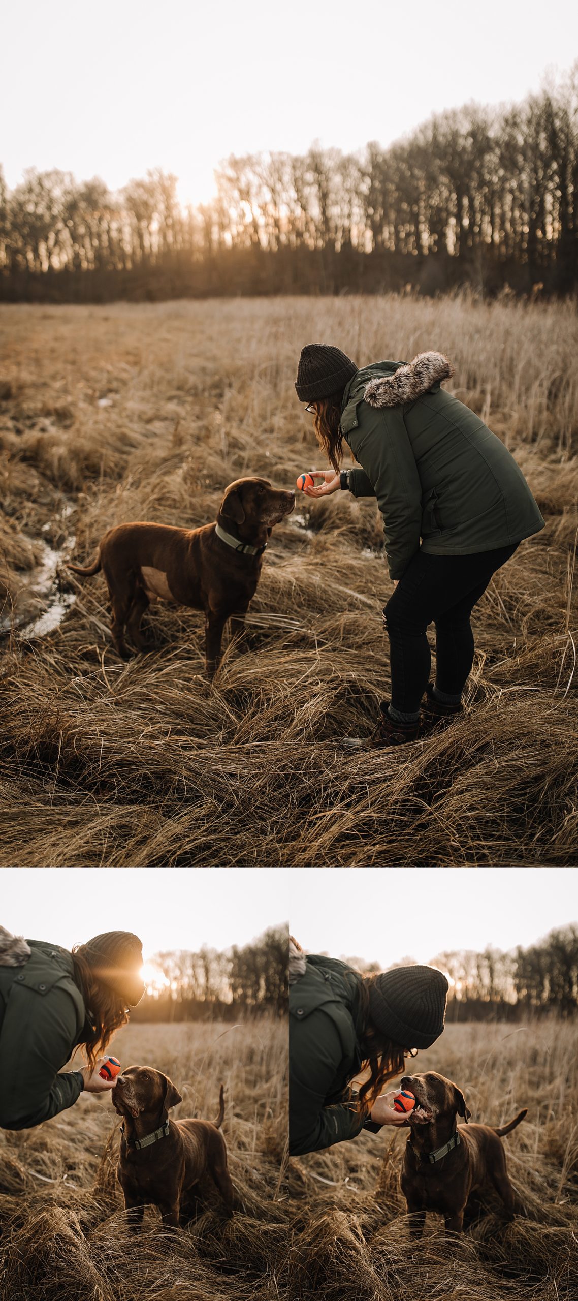 Woman plays with tennis ball at sunset at her Photo Shoot With Your Pup 
