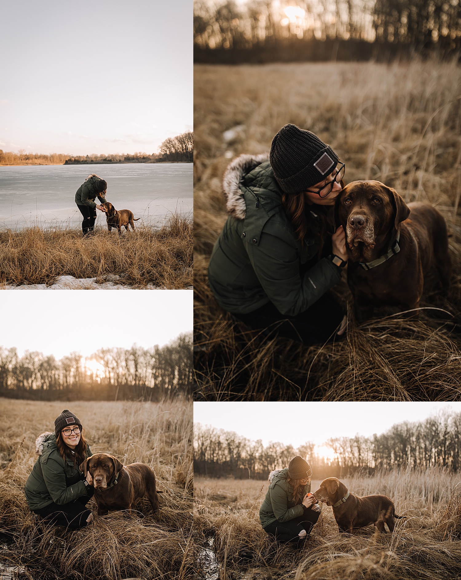 Woman and dog walking through field at sunset during family session 